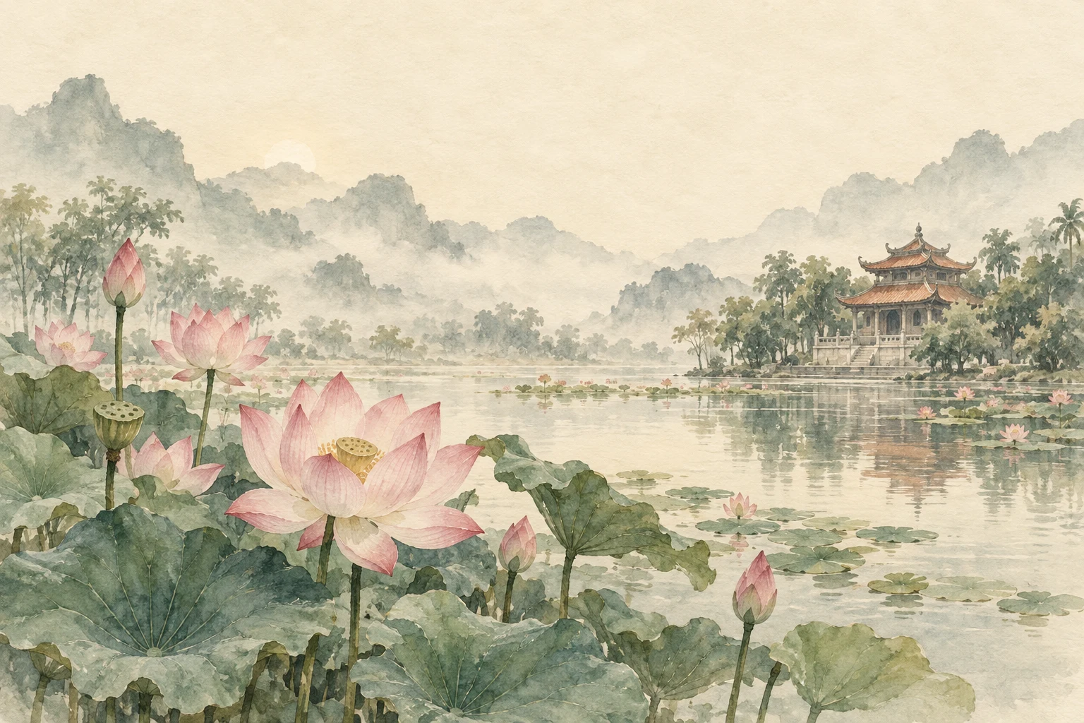 Watercolour lotus pond and Vietnamese temple amid mountains